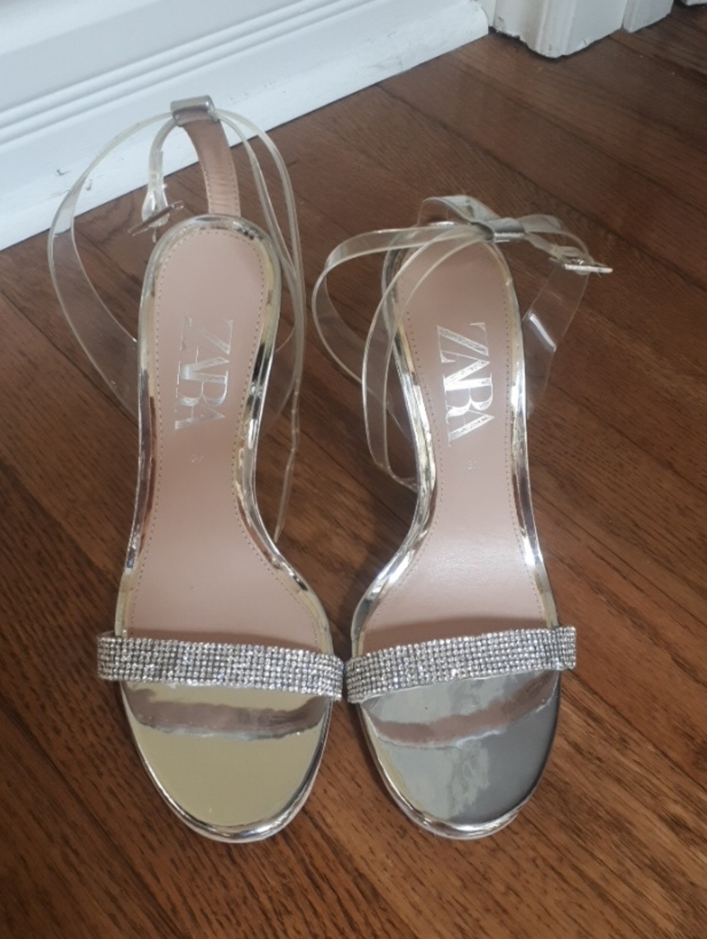 New ZARA Clear-Strap Silver Heeled Sandals with Crystal Band